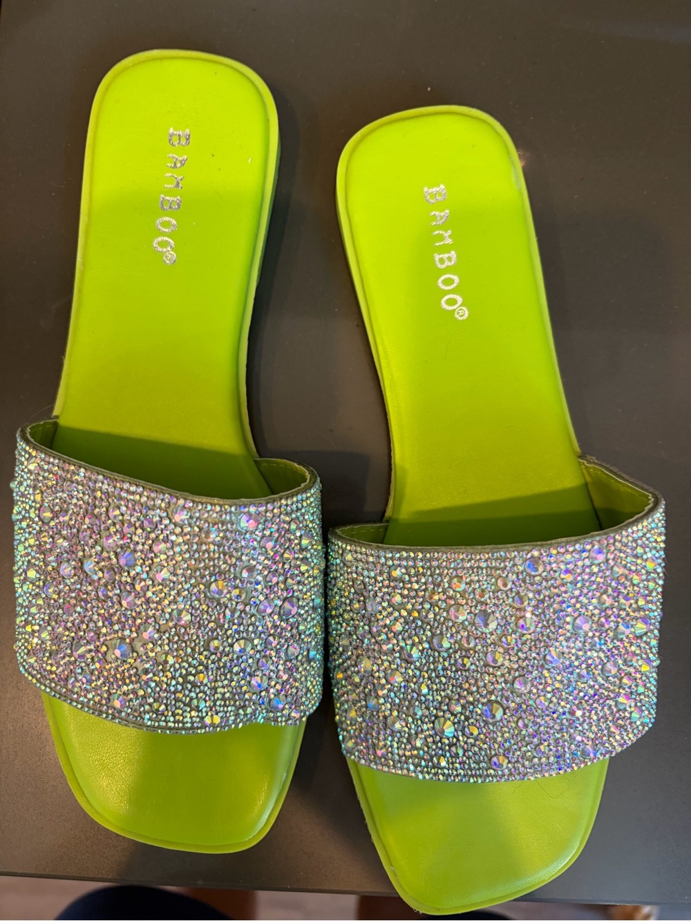 BAMBOO Neon Lime Crystal Embellished Slide Sandals